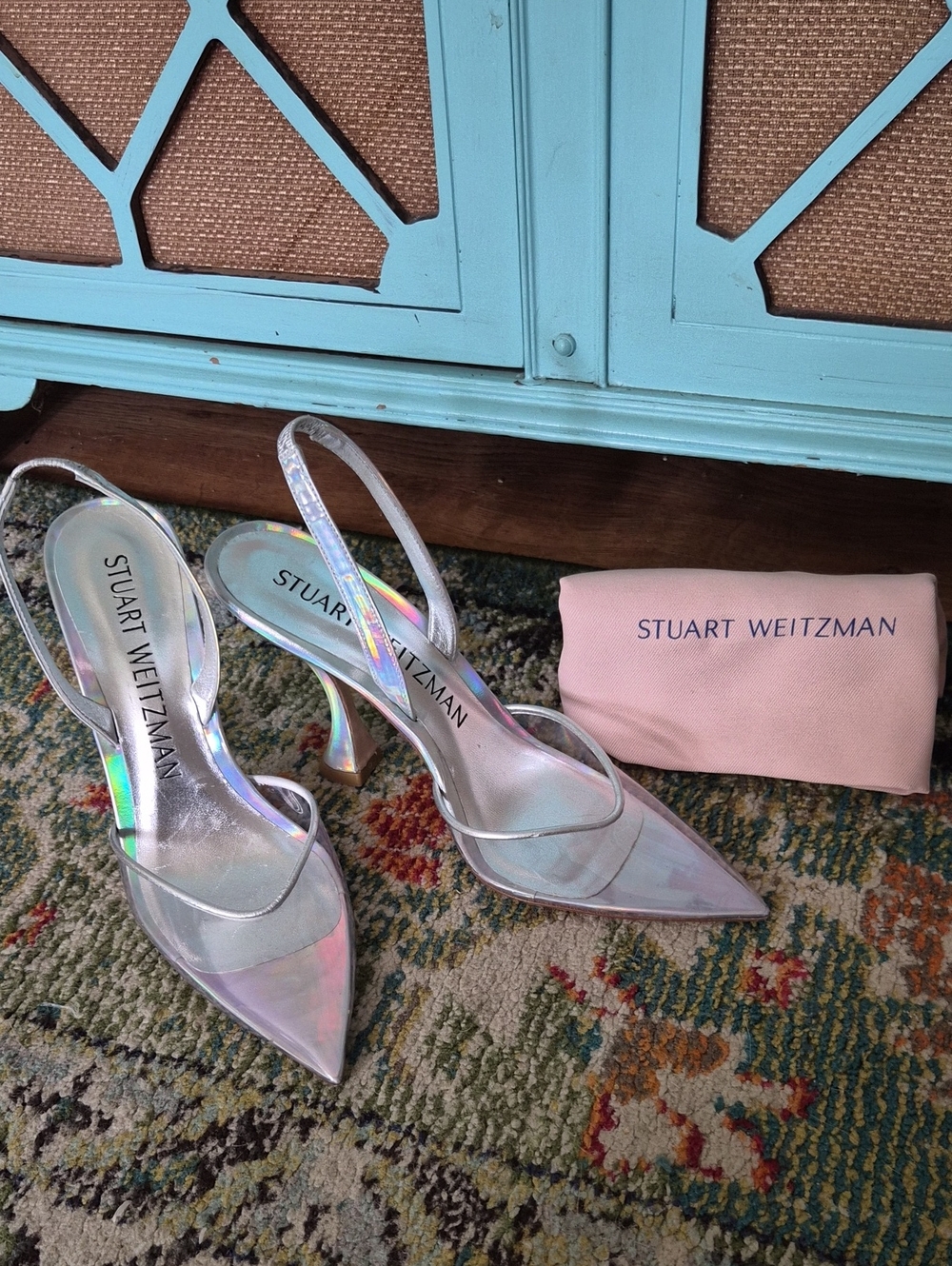 Stuart Weitzman Holographic Silver Iridescent Slingback Pointed Toe Xcurve Heels